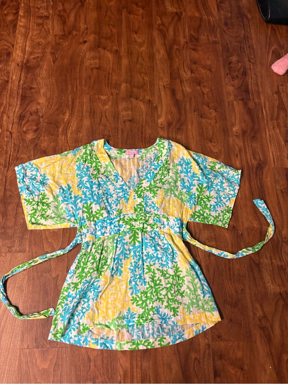 Lilly Pulitzer Coral-Print V-Neck Top in Blue, Green & Yellow